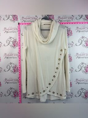 Belldini sweater white Cowl Neck Button-Accent Tunic Sweater - Cream gold button